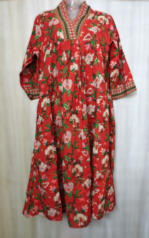 Red Printed A shaped Cotton Pant Suit with Dupatta